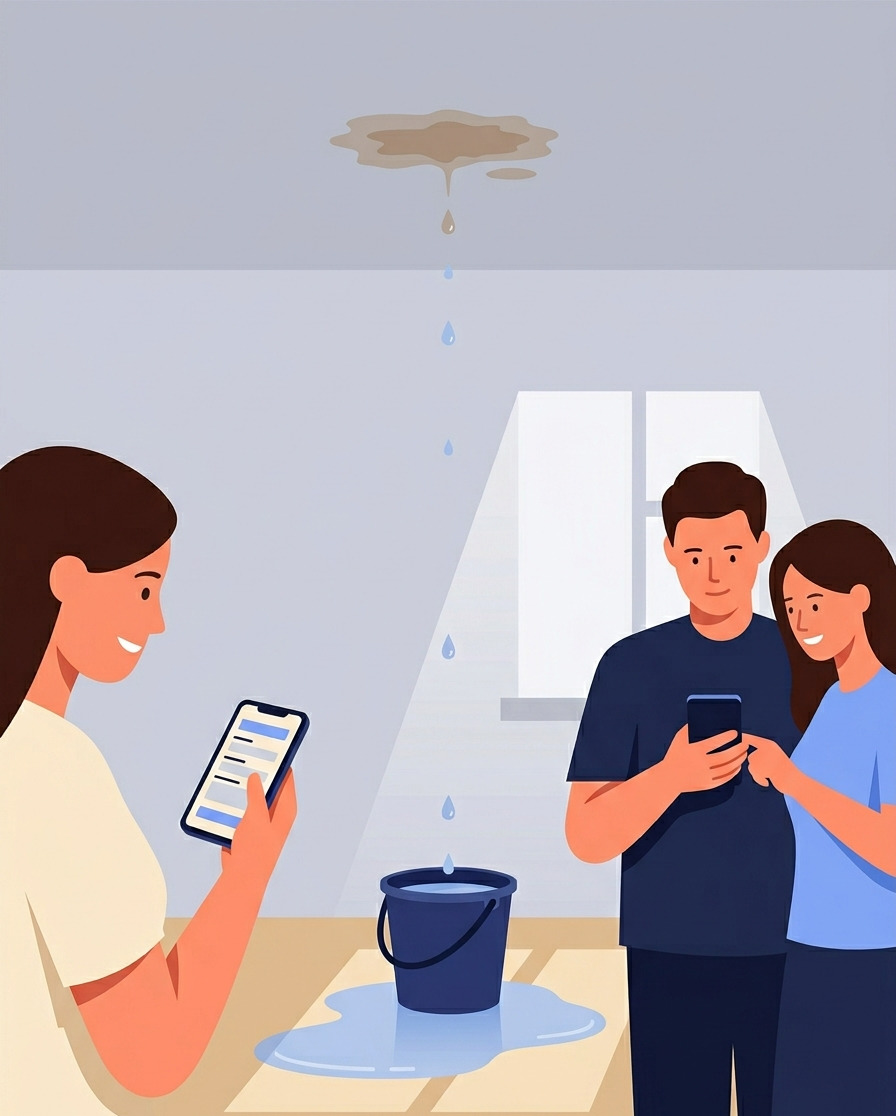 Constat amiable de d&eacute;g&acirc;t des eaux en ligne &mdash; deux voisins remplissent le formulaire sur leur t&eacute;l&eacute;phone